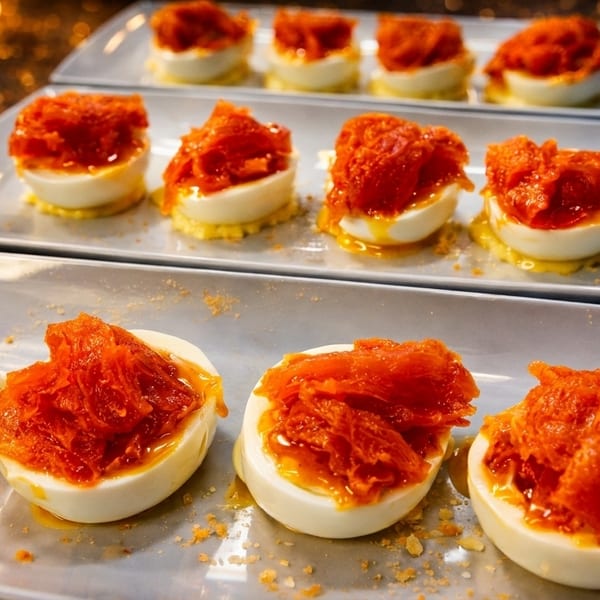Rows of deviled eggs topped with shredded orange candied fruit on gray plates.