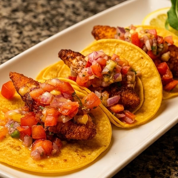 Three fish tacos with pico de gallo on corn tortillas, served on a white rectangular plate.