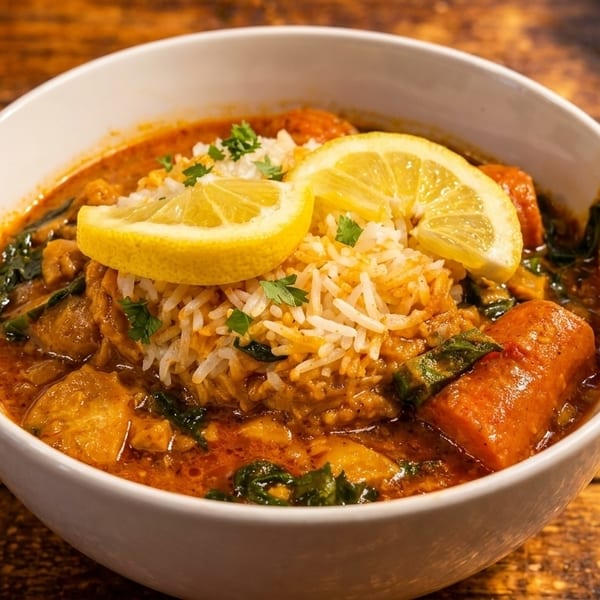 A white bowl of gumbo with rice, sausage, and lemon slices on a wooden table.