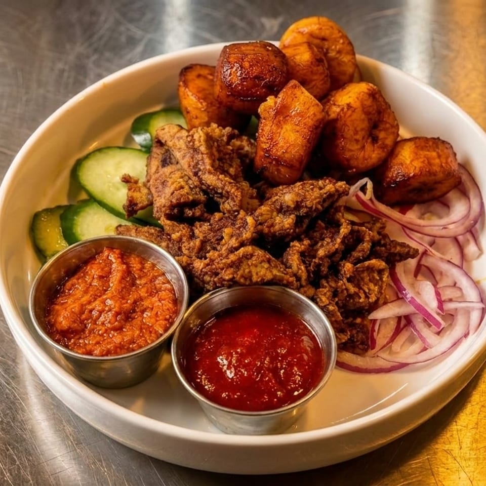 A white bowl filled with fried plantains, crispy meat, red onions, cucumber slices, and two dipping sauces.
