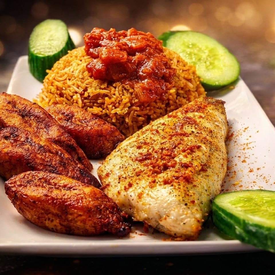Jollof rice with tomato sauce, fried plantains, seasoned fish, and cucumber slices on a white plate.