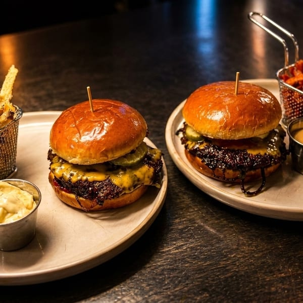 Two cheeseburgers with fries and dipping sauces on plates, on a dark wooden table.