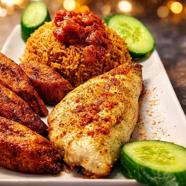 A plate of jollof rice with tomato sauce, grilled fish, fried plantains, and cucumber slices.