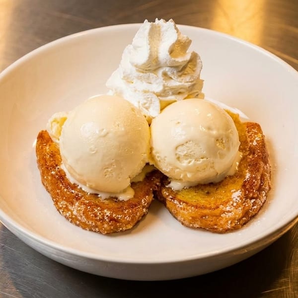 Two scoops of vanilla ice cream and whipped cream on two pieces of French toast.