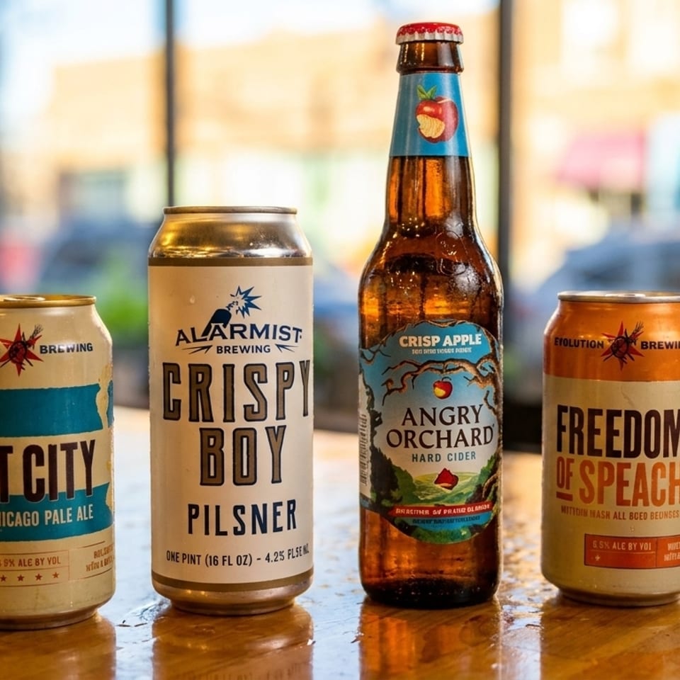 Four different beer and cider cans and bottles on a wet wooden table, with a blurred background.
